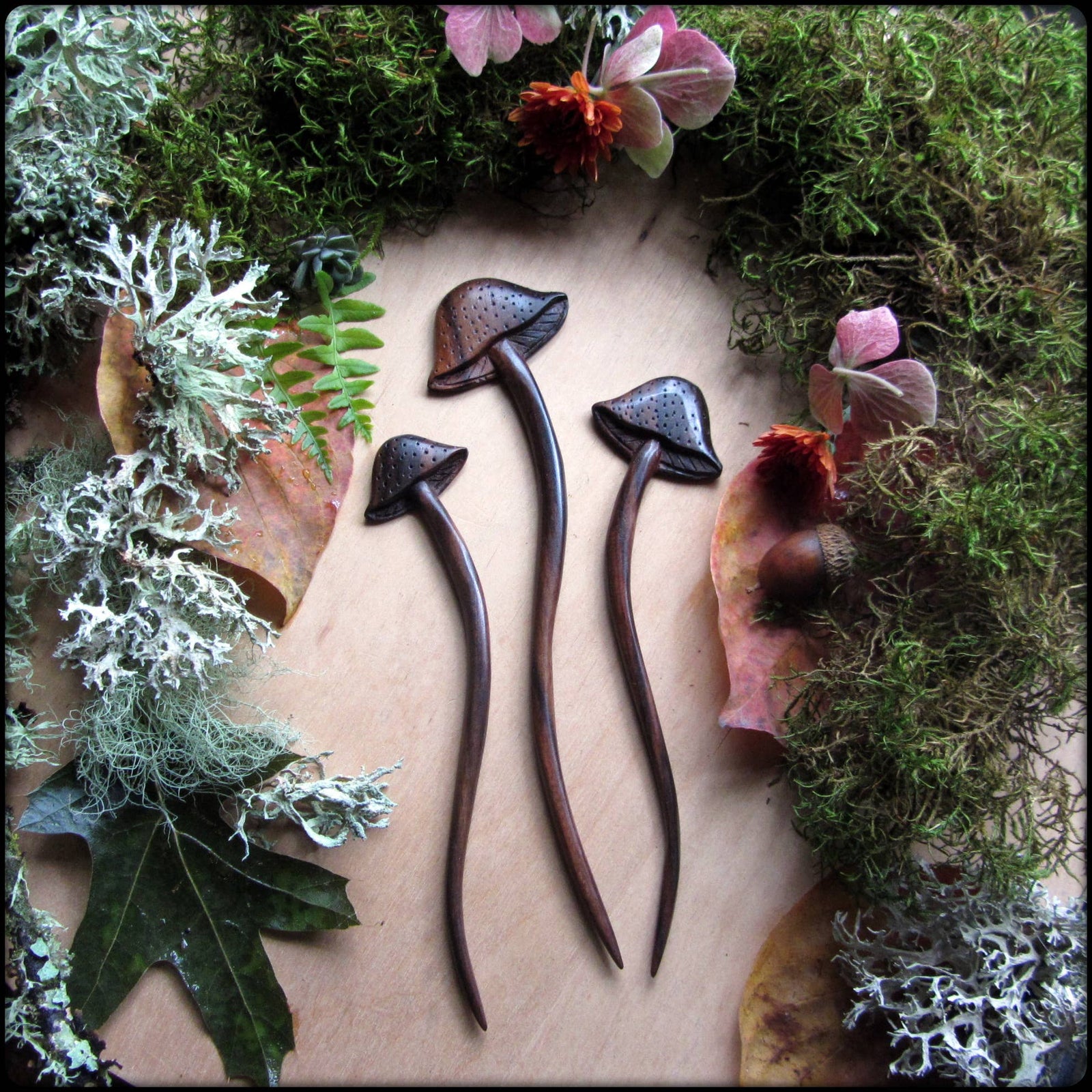 Hand carved wooden mushroom hair stick, the flat version: Medium - Echo Market