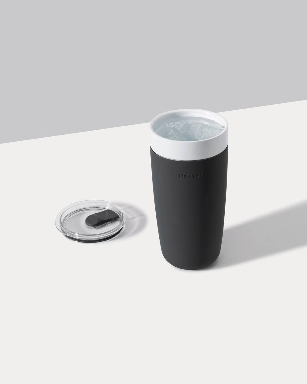 Insulated Ceramic Stainless Steel Coffee and Drink Tumbler - Charcoal - Shown filled with lid off to the side - Echo Market