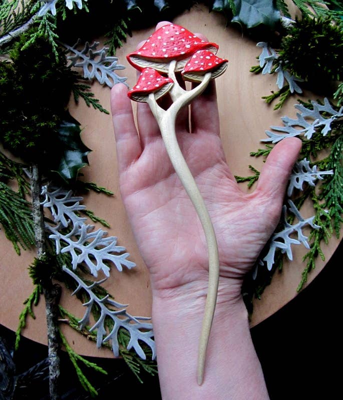 Large red mushroom wooden hair stick - Echo Market