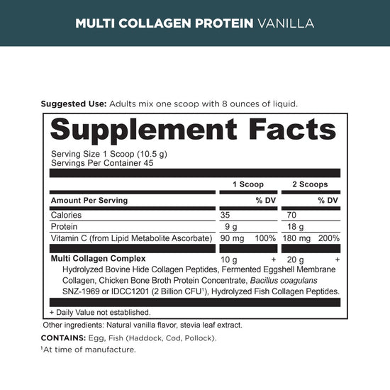 Multi Collagen Protein: Vanilla - 45 Servings - Supplement Facts - Echo Market