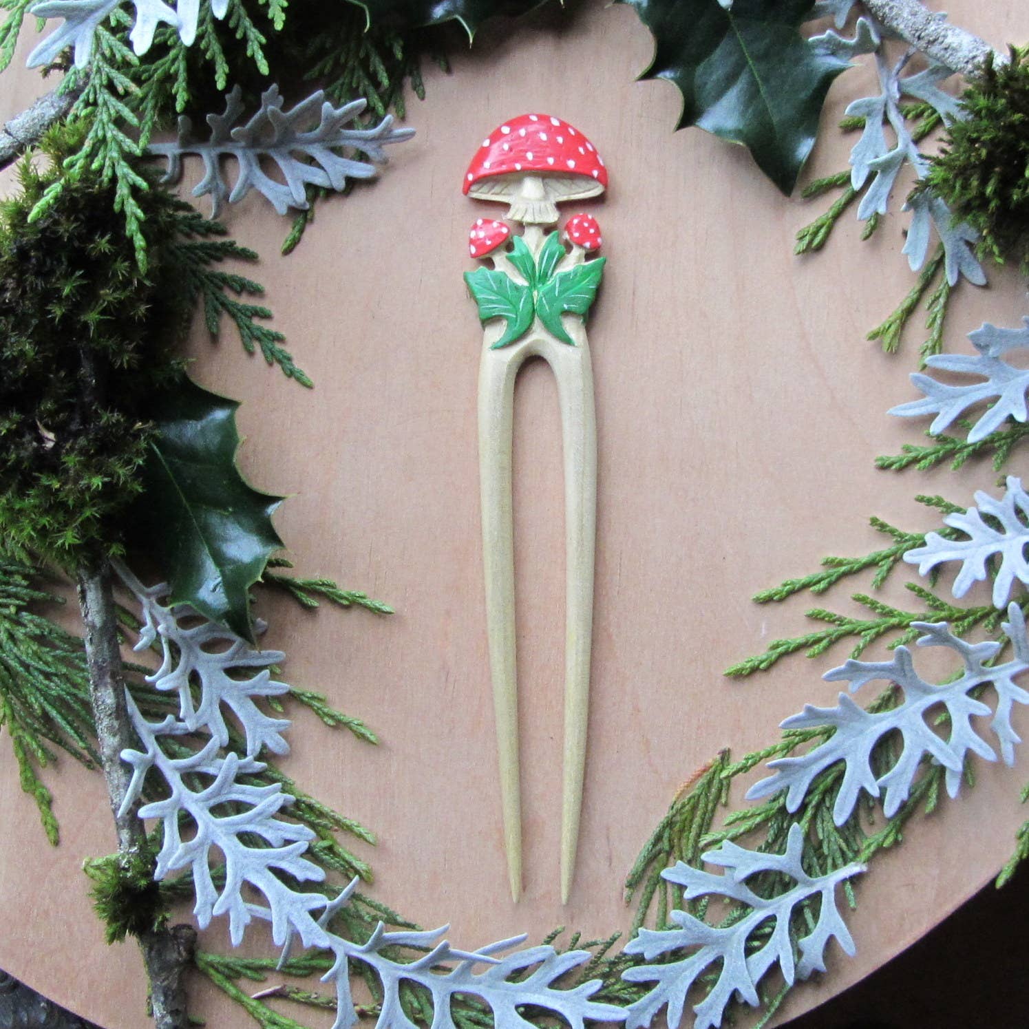 mushroom hair stick carved from wood and hand painted - Echo Market