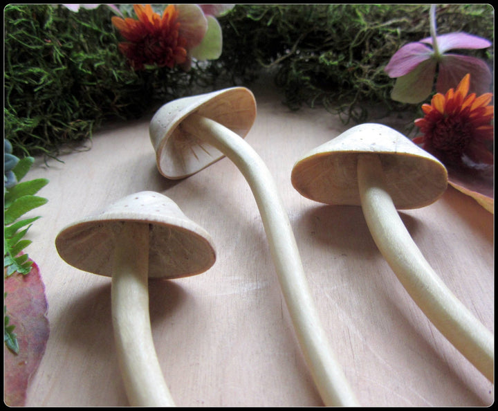 natural carved light blonde wood mushroom hair stick: Medium - Echo Market