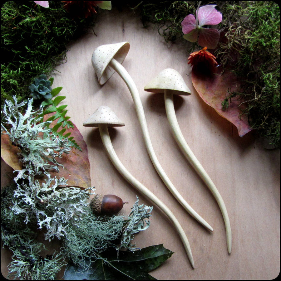 natural carved light blonde wood mushroom hair stick: Medium - Echo Market