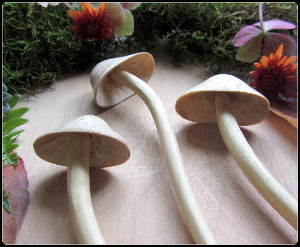 natural carved light blonde wood mushroom hair stick: Small - Echo Market