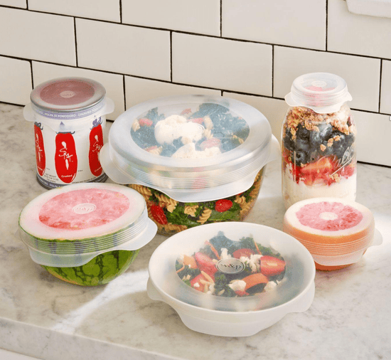 Reusable Silicone Stretch Lids Set of 6 Assorted Sizes - Shown in use covering different sized jars, bowls, and fruit - Echo Market