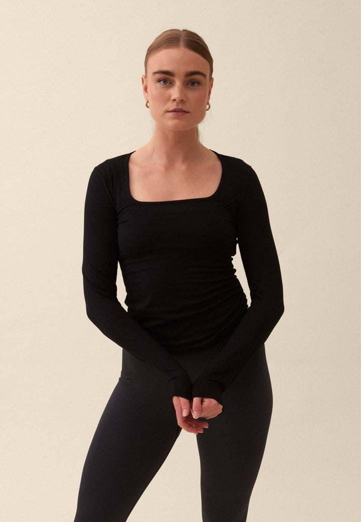 Soft Square Neck Long Sleeve Top - Black - Echo Market