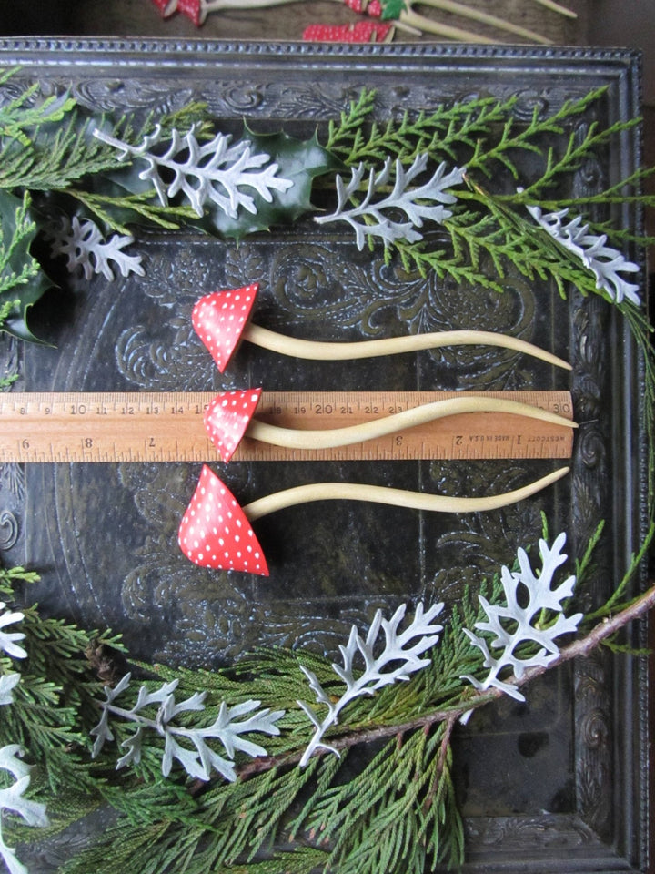 Three dimensional carved wooden mushroom hair stick, red: Medium 6.5 inches - Echo Market