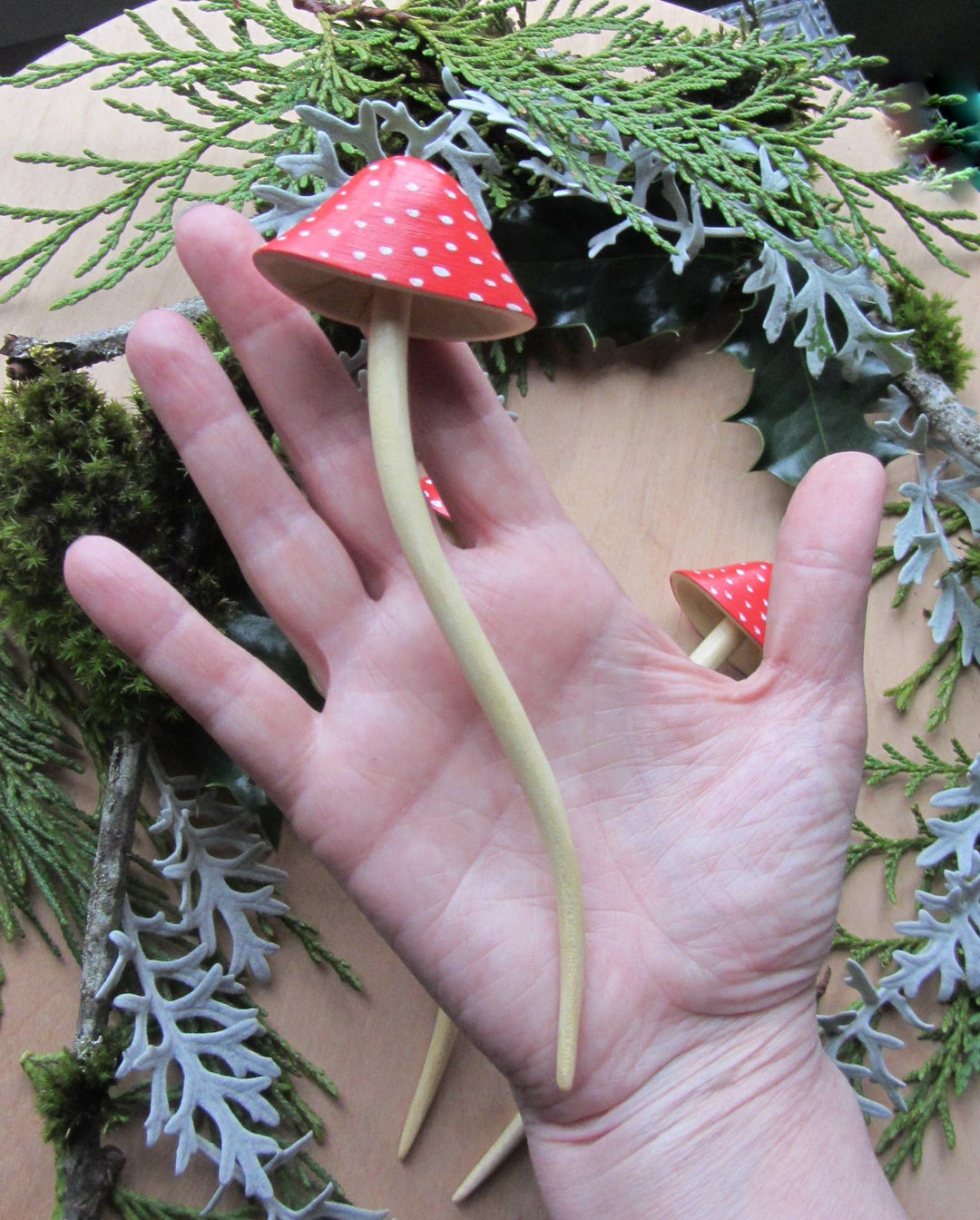 Three dimensional carved wooden mushroom hair stick, red: Medium 6.5 inches - Echo Market