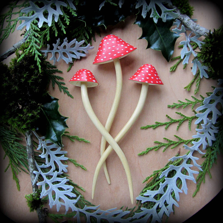 Three dimensional carved wooden mushroom hair stick, red: Medium 6.5 inches - Echo Market