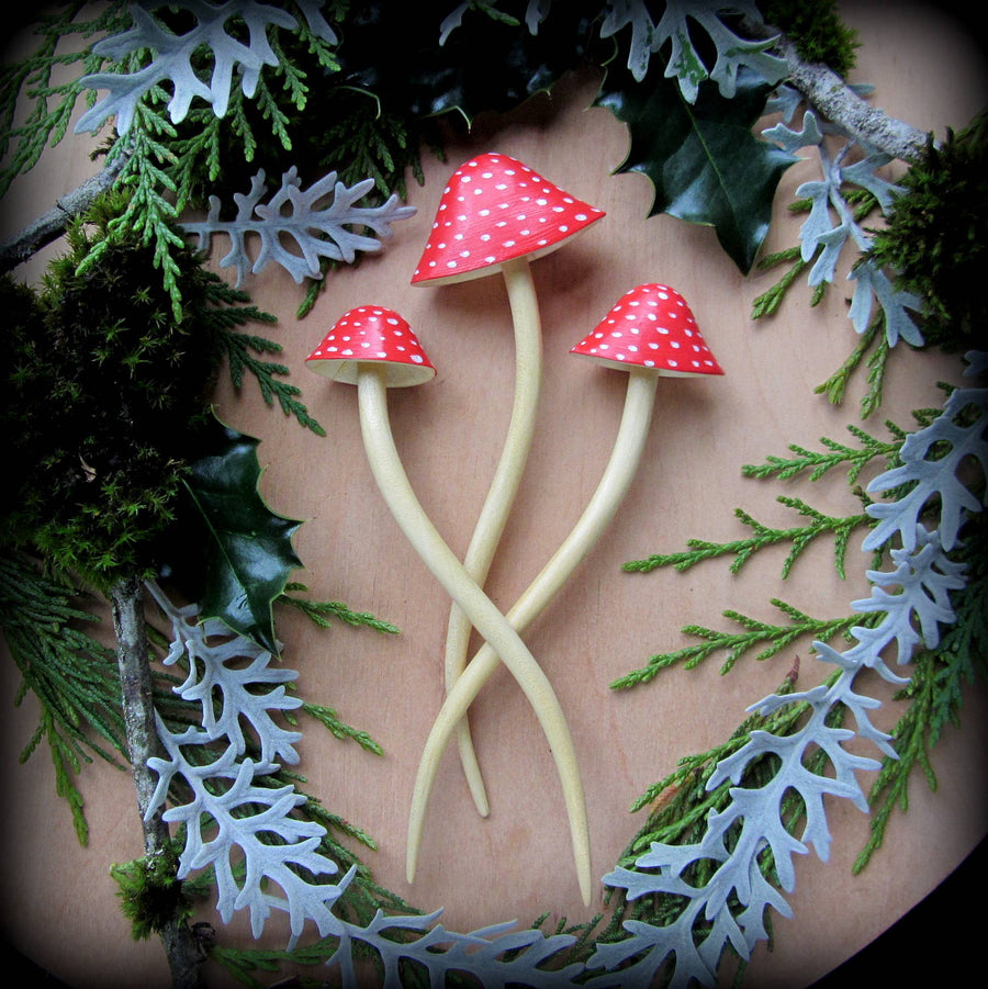 Three dimensional carved wooden mushroom hair stick, red: Medium 6.5 inches - Echo Market