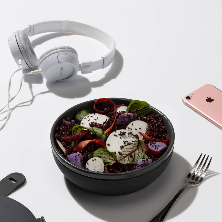 Ceramic lunch bowl - Charcoal bowl filled with food with top off to the side - Echo Market