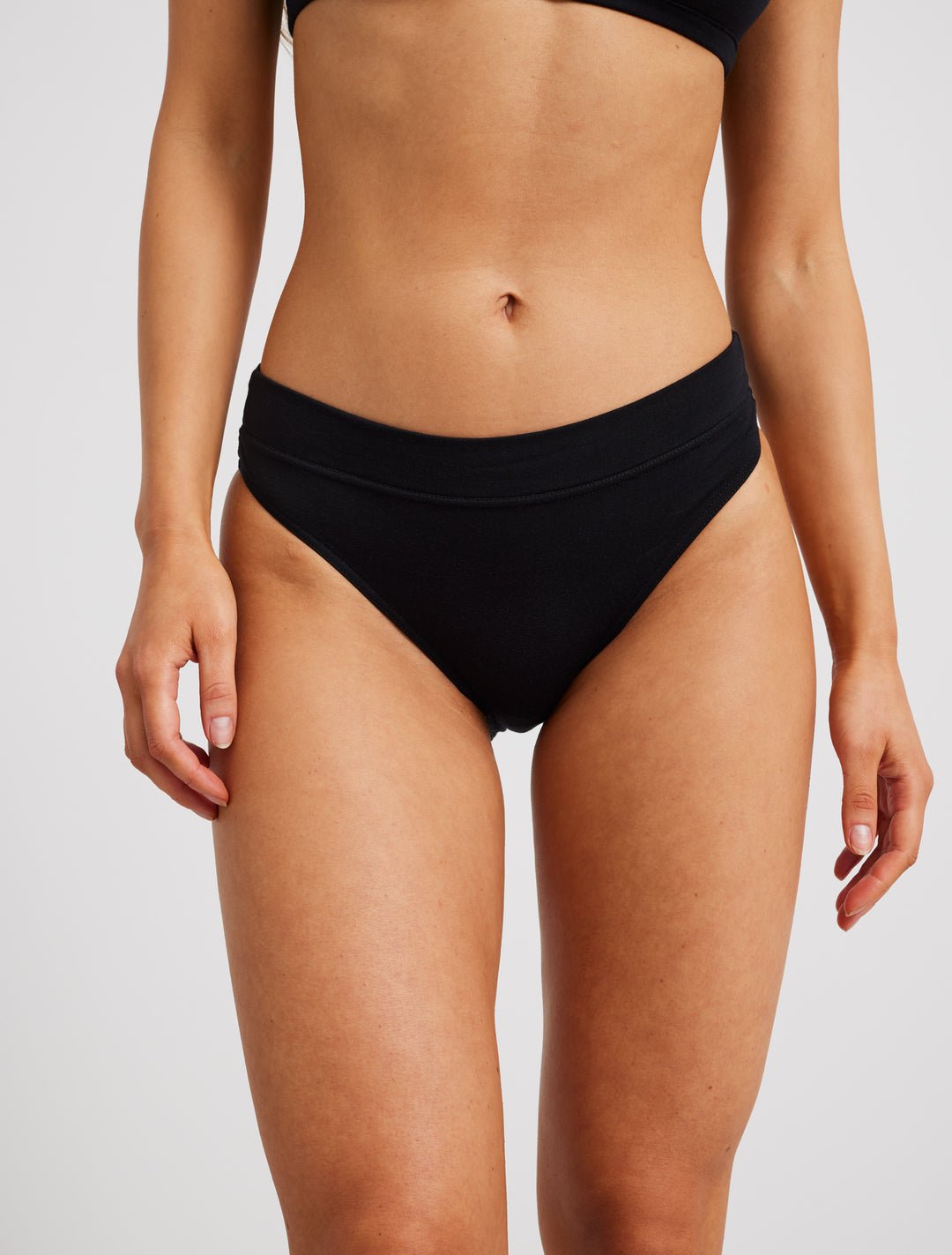 Woron High Cut Panties in Black- Front View Showing super stretchy modal at Echo Market
